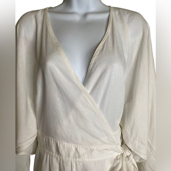 Milla Gauzy SZ Small Semi Sheer Cotton Wrap White Dress Smock Sleeve Frayed Hem - Picture 2 of 8